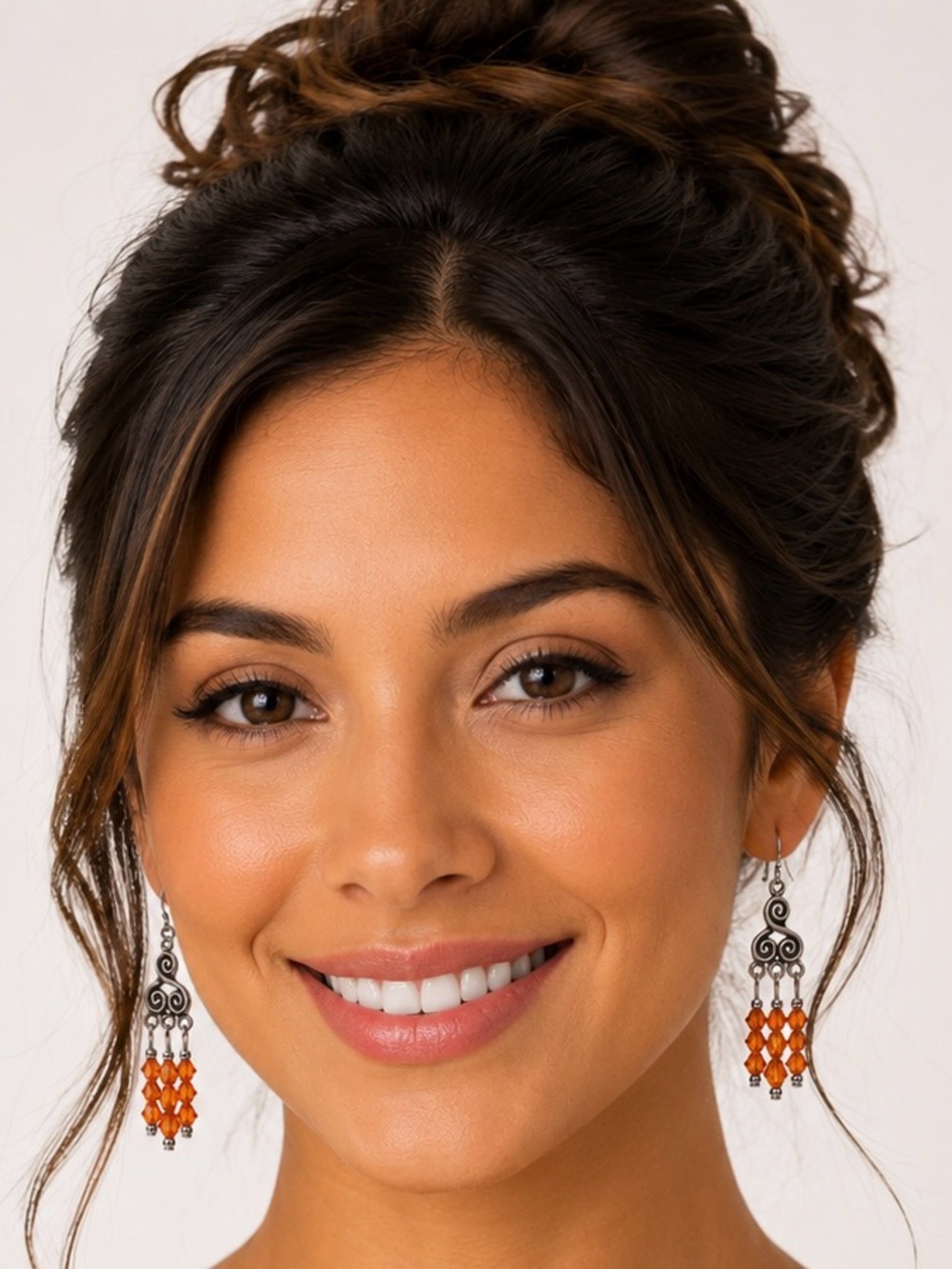 Elegant Silver and Swarovski Crystal Orange Bead Chandelier Earrings